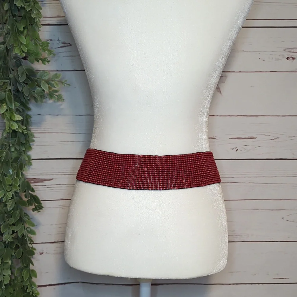 Vtg Glass Bead Wood Stretchy Elastic Belt Burnt Orange‎ Belt Women OS Bohemian